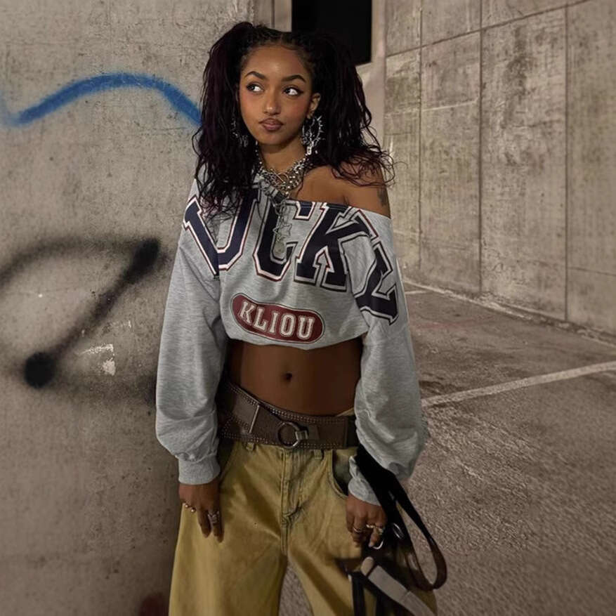 hoodie Women's Wear Women's Fashion Autumn Winter New Style Personality Letter Print Casual Asymmetric Shoulder Loose Cropped Long Sleeve T-