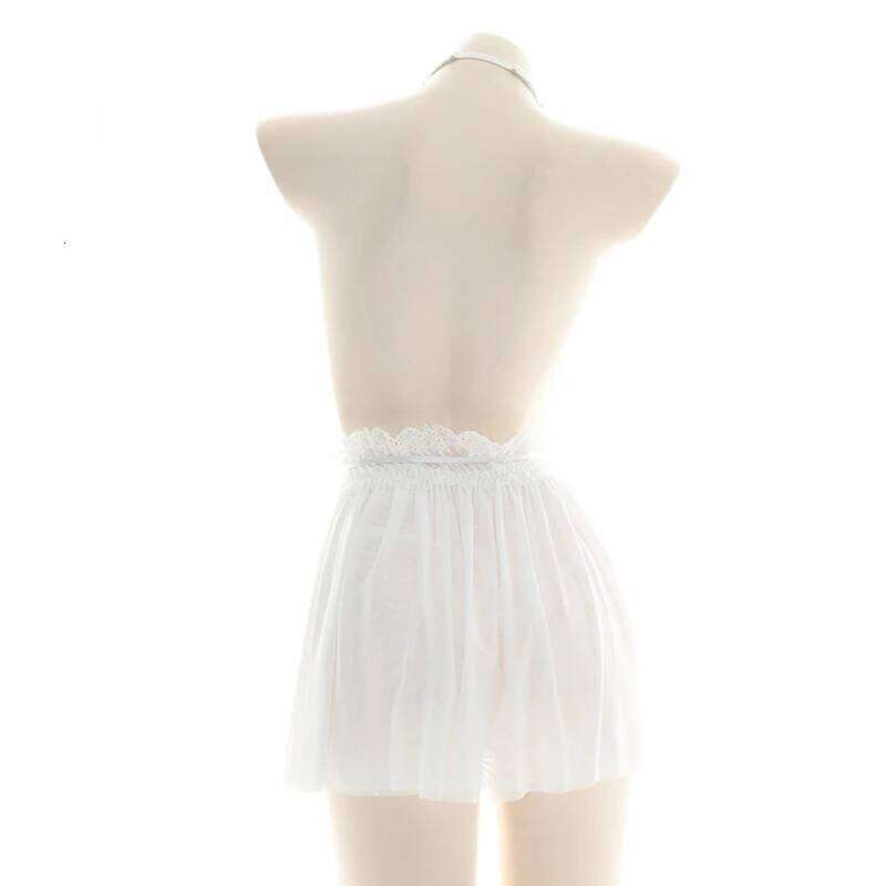 Sexy Chiffon Halter Dress for Women, Deep V-neck Pajamas, Uniform, Transparent Nightdress, Lingerie Costume with Temperament