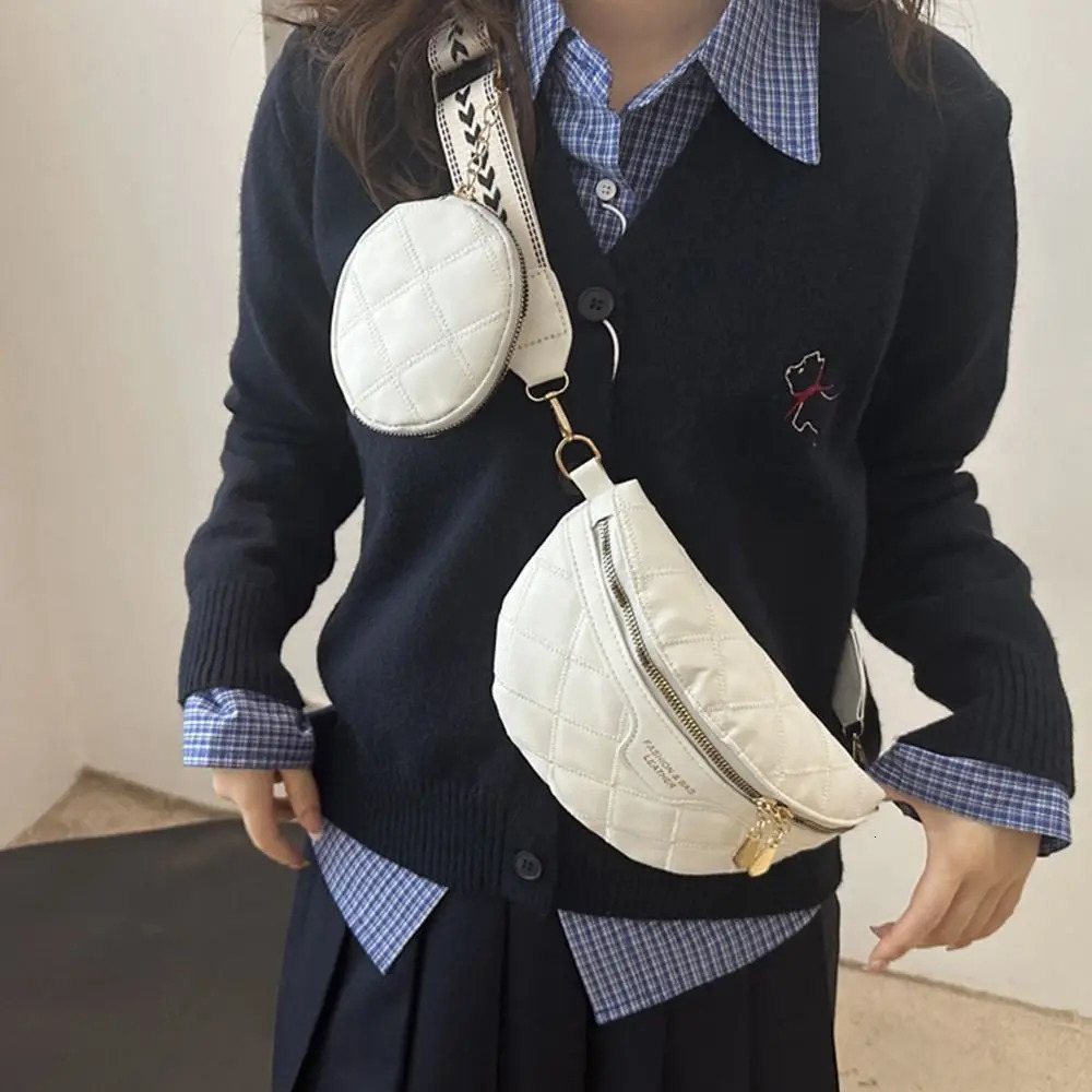 PU Leather Crossbody Chest Bag Stylish Chain Zipper Wide Strap Shoulder Bag Woven Lattice Pattern Waist Belt Bags For Women 250612