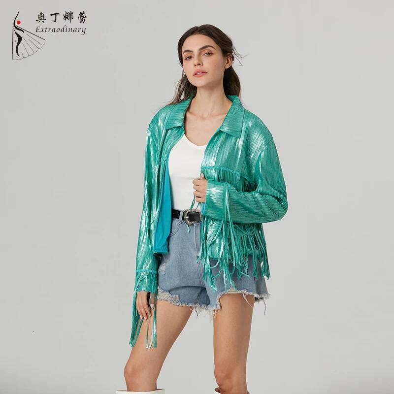 Fashion Mint green Fringe cool girl western cowboy matte Sequin Jacket