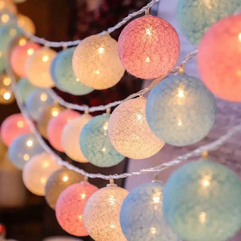 Battery Colorful Cotton Garland 4cm LED Balls Christmas String Holiday Lights for Home Decoration Wedding Fairy Bedroom Decor XJ250612