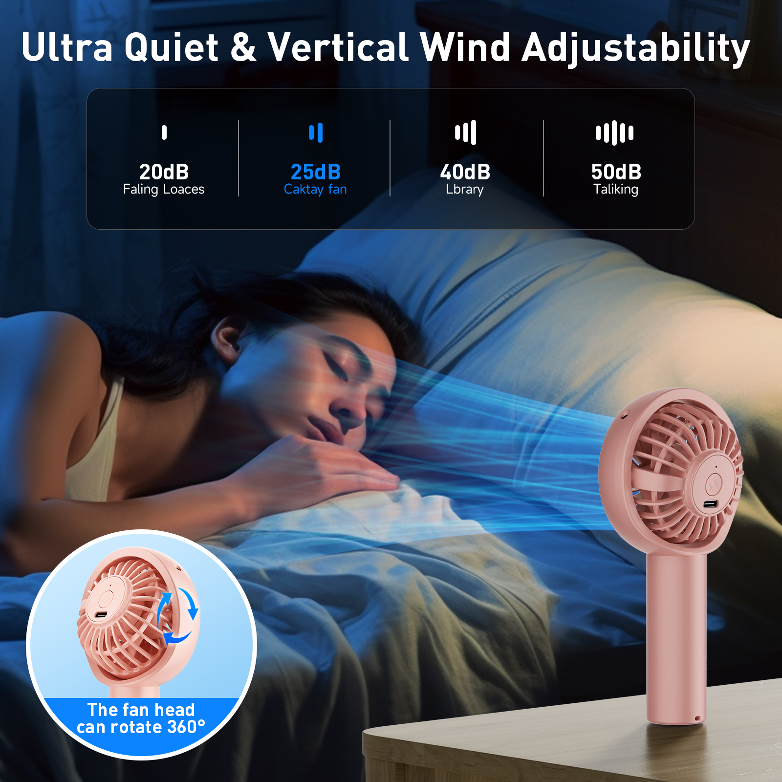 Compact Silent Portable Hand Held Fan with Vertical Rotation Feature