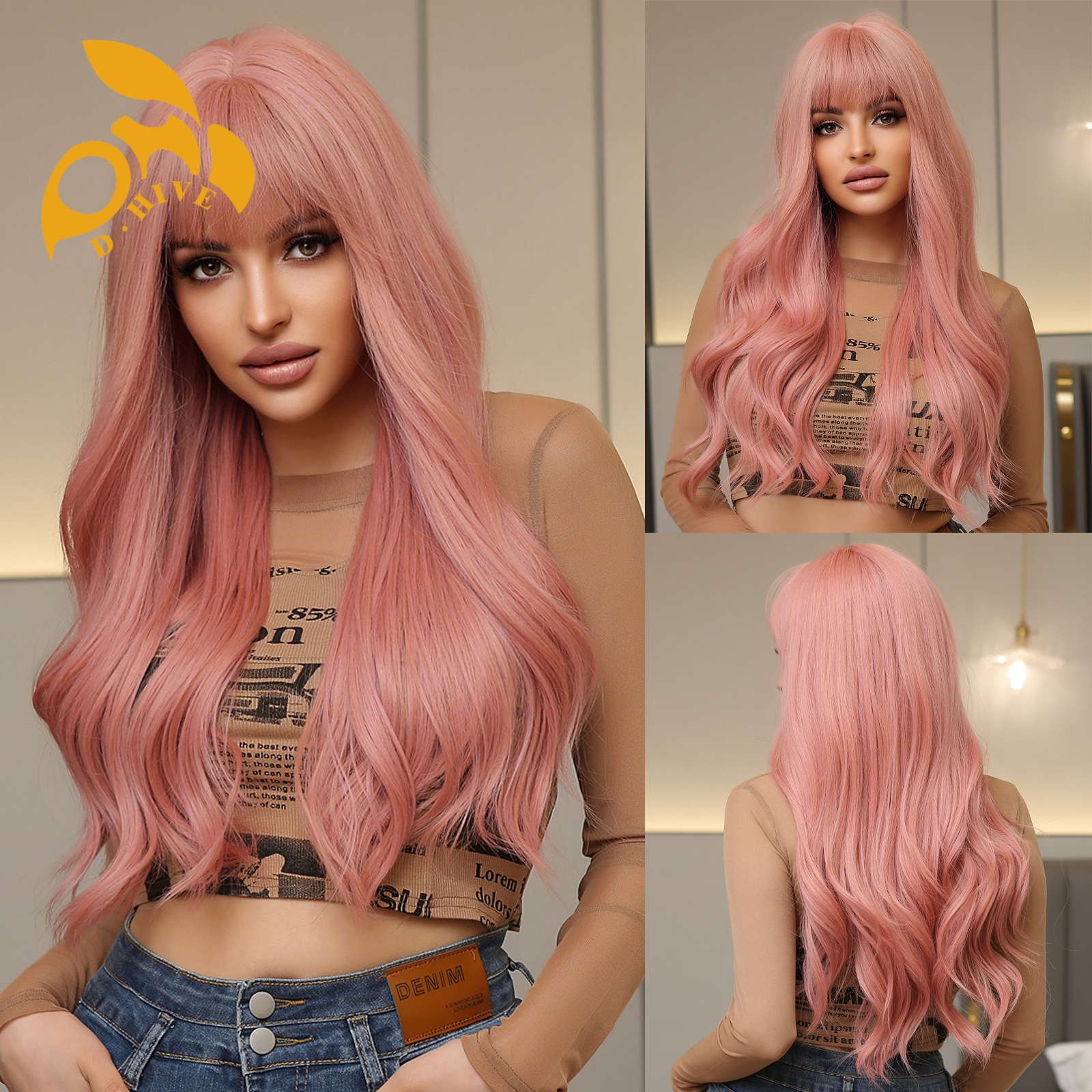 Free shipping Hair Wigs for womans wigs human hair large wave bang long curly hairfull head set women's wig color Dark brown pink Brown highlight