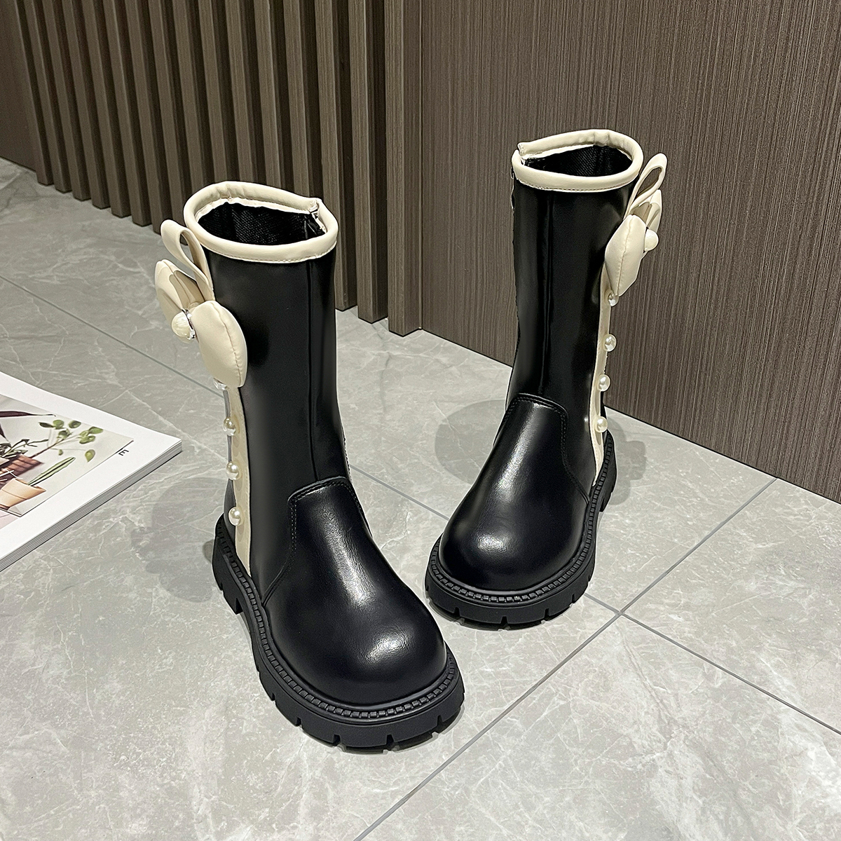 High-heeled boots with bow ties, fashionable princess boots