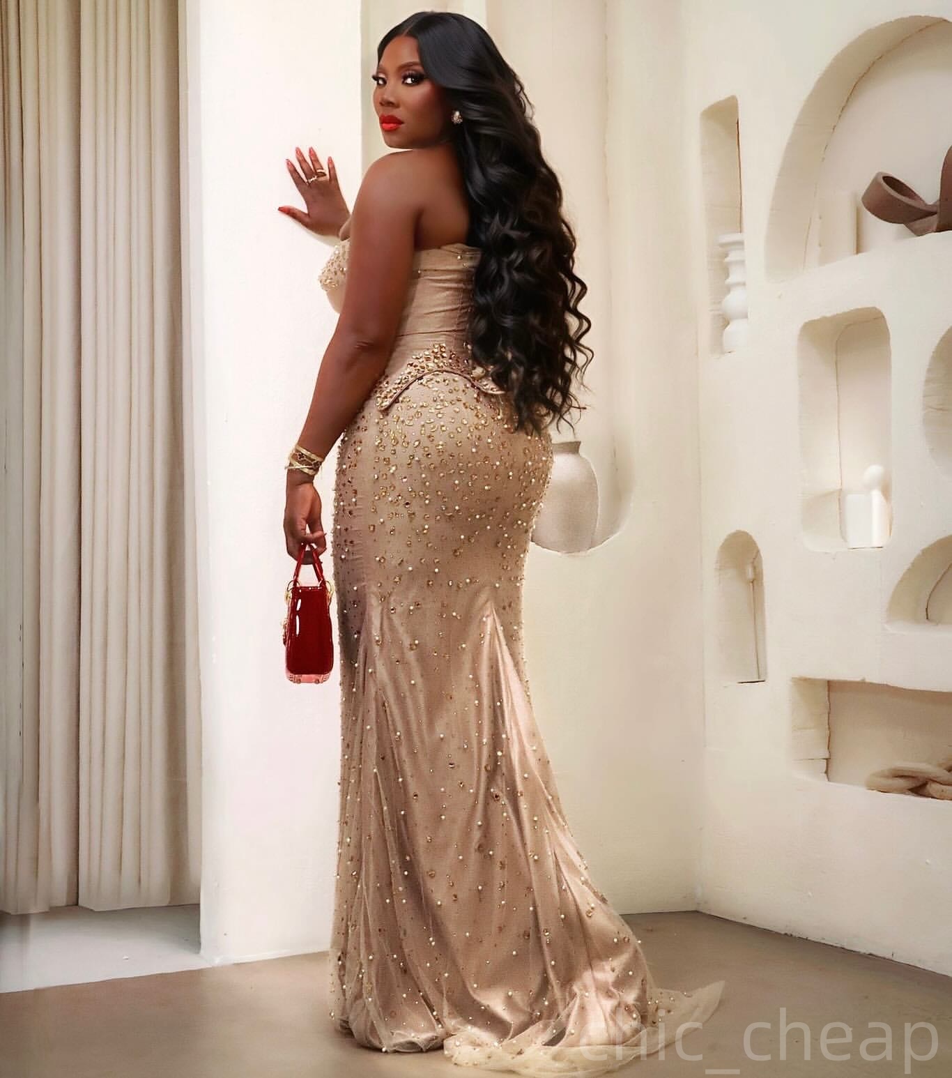 Champagne Mermaid Prom Dresses 2025 Crystals Beaded Luxurious Evening Formal Party Second Birthday Engagement Gowns Plus Size Dress For Special Occasi