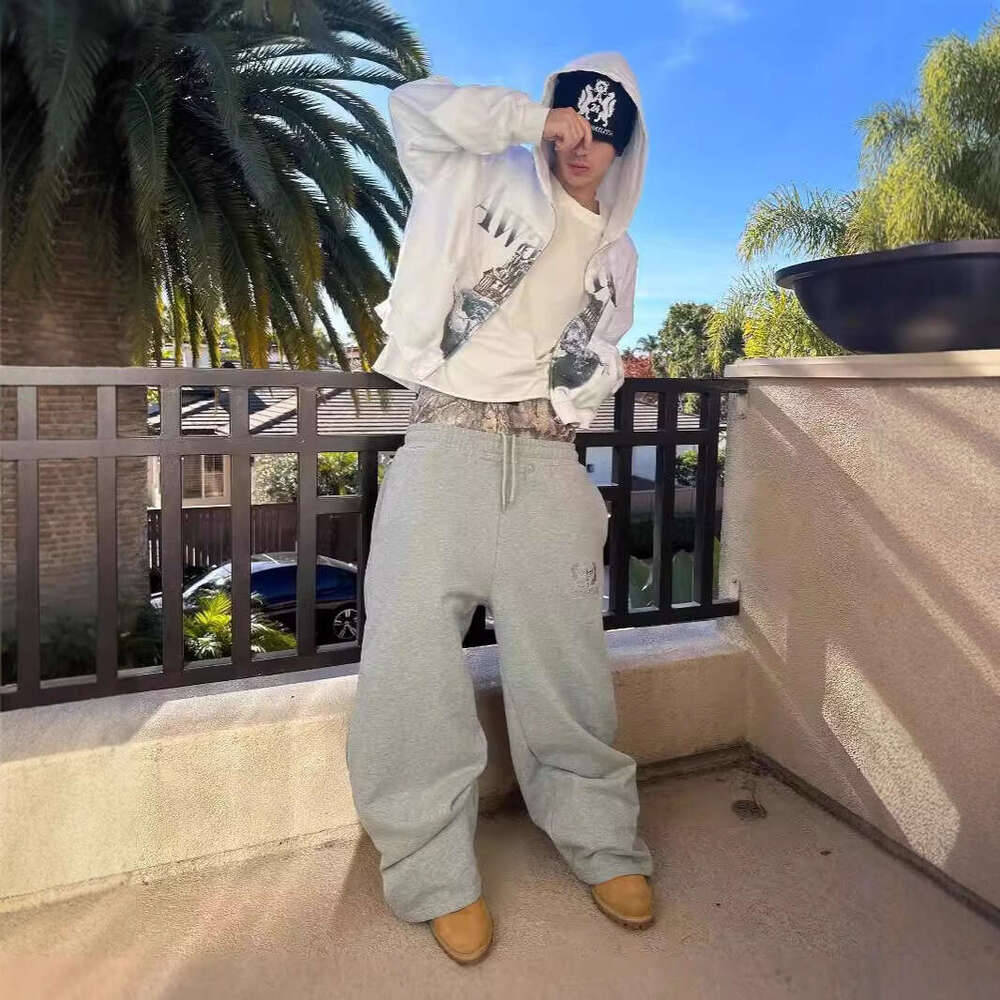 hoodie Women's Wear Street Hip-Hop Sweatpants With Embroidered Double Waistband Design, Fake Two-Piece Loose Casual Sports Pants jacket