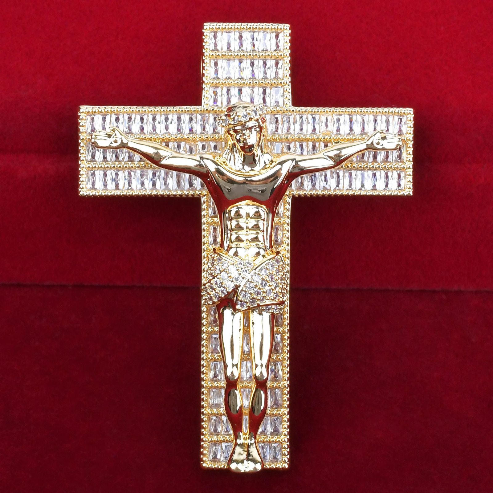 Baguette Cross Pendant for Male with Jesus Necklace AA Cubic Zirconia Hip Hop Rock Jewelry 250609