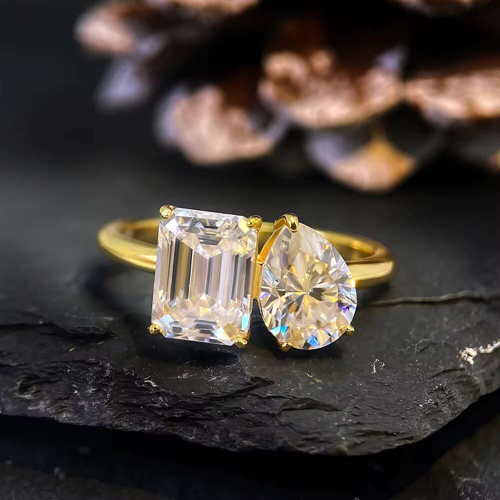 925 Sterling Silver GRA VVS Moissanite Engagement Ring for Women Pear and Princess Cut Toi Et Moi Ring