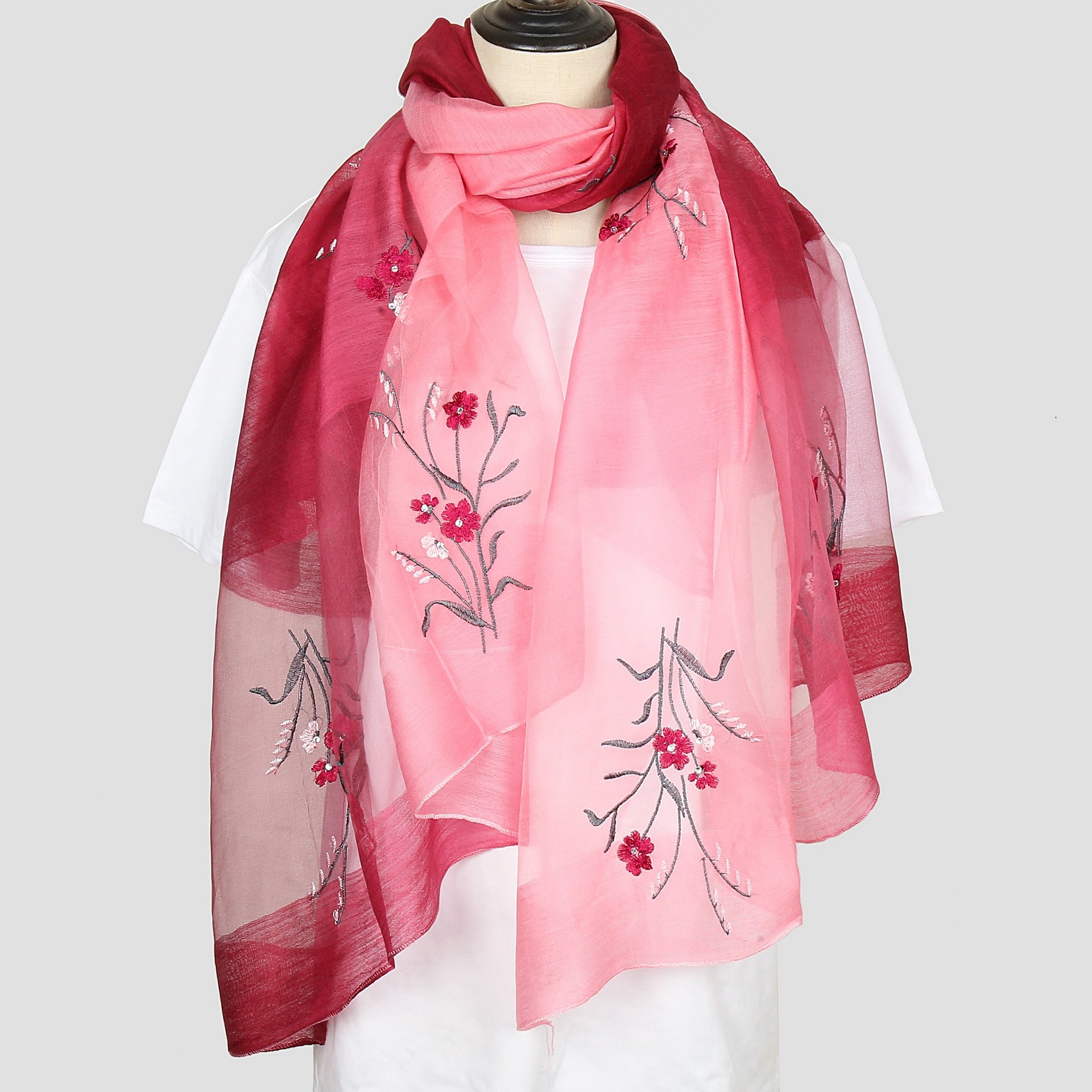 K1008 Women's silk scarf silk wool scarf embroidery embroidery gradient color high-end