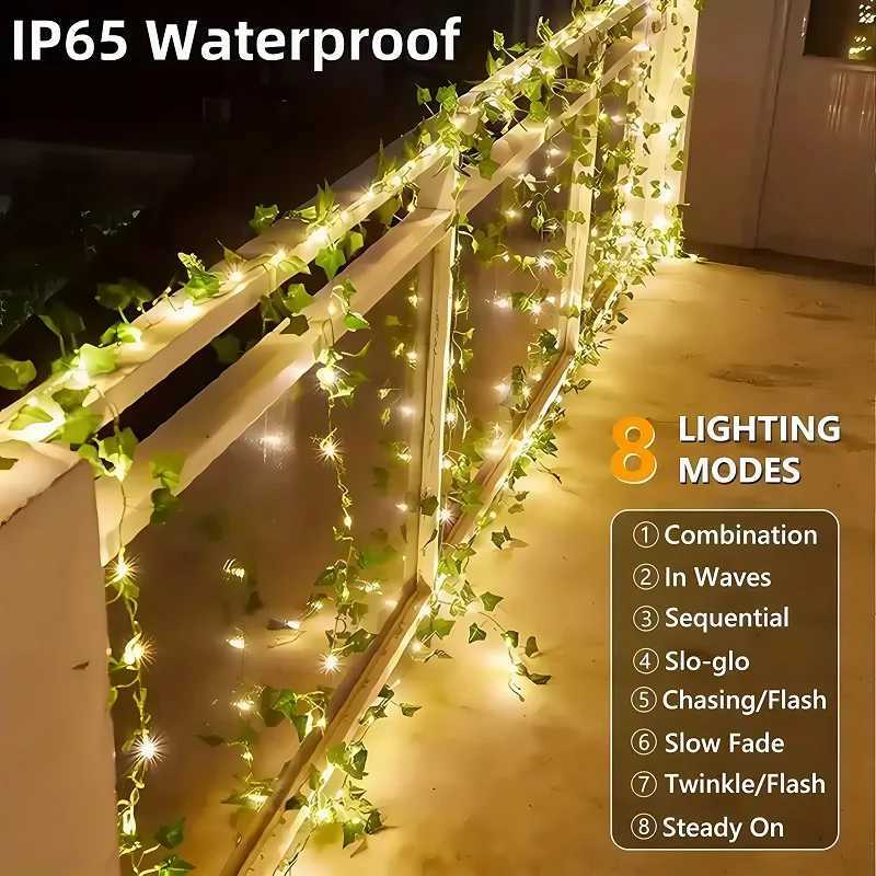 12m Solar Ivy String Lights LED Outdoor Artificial Vine Christmas Garland Fairy String Plant Lamp Maple Leaf Green Rattan String XJ250612