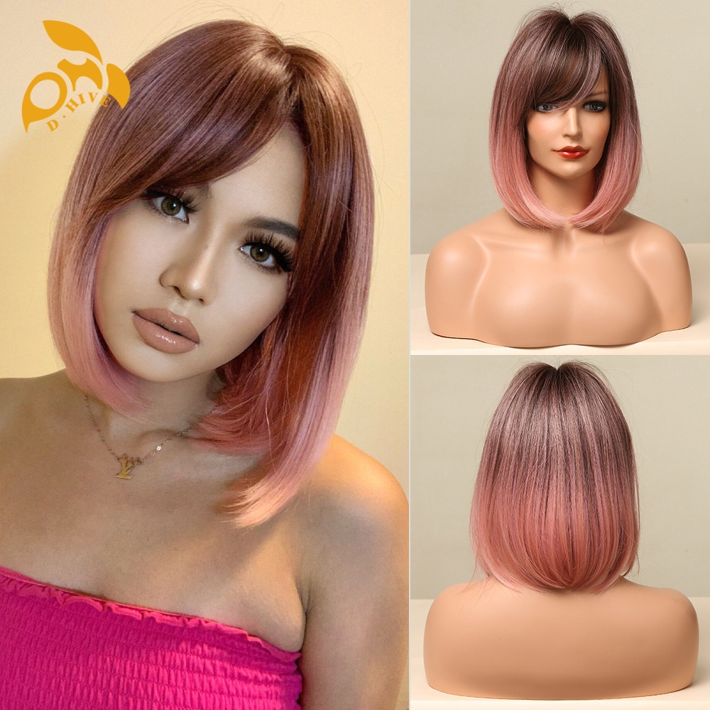 Free shipping Hair Wigs for womans wigs human hair large wave bang long curly hairfull head set women's wig color Black-brown gradient pink Natur