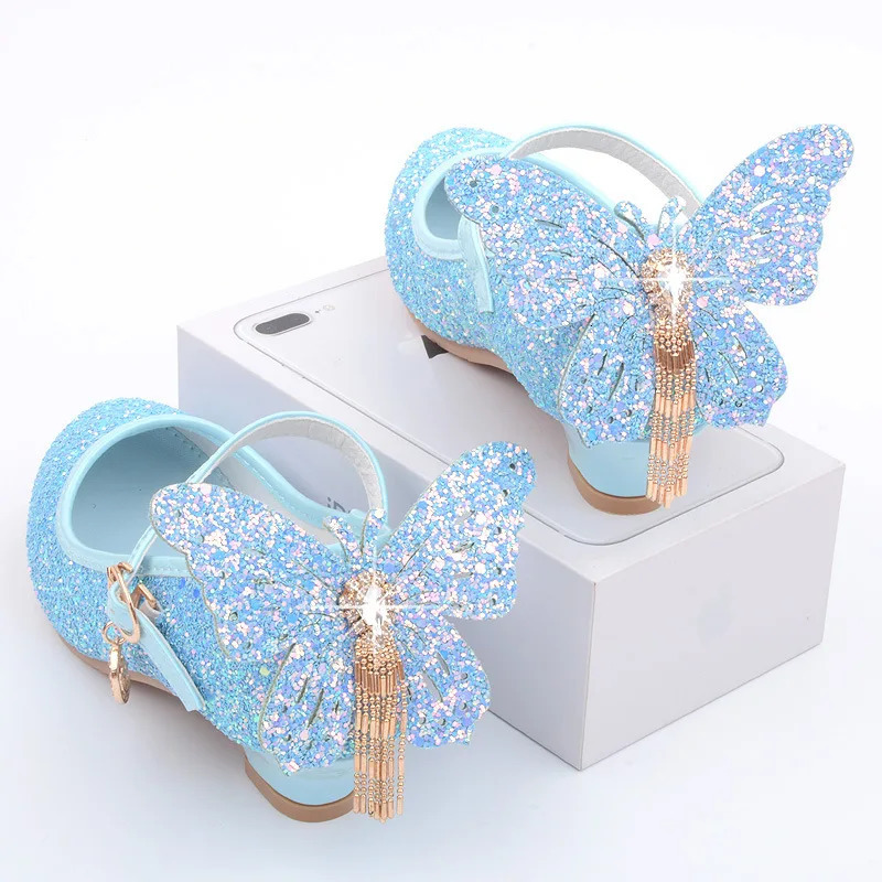 Kids Leather Shoes Fashion Fringed Butterfly Knot Girls Princess Shoes Casual Glitter Children High Heel Student Dance Shoes 250613
