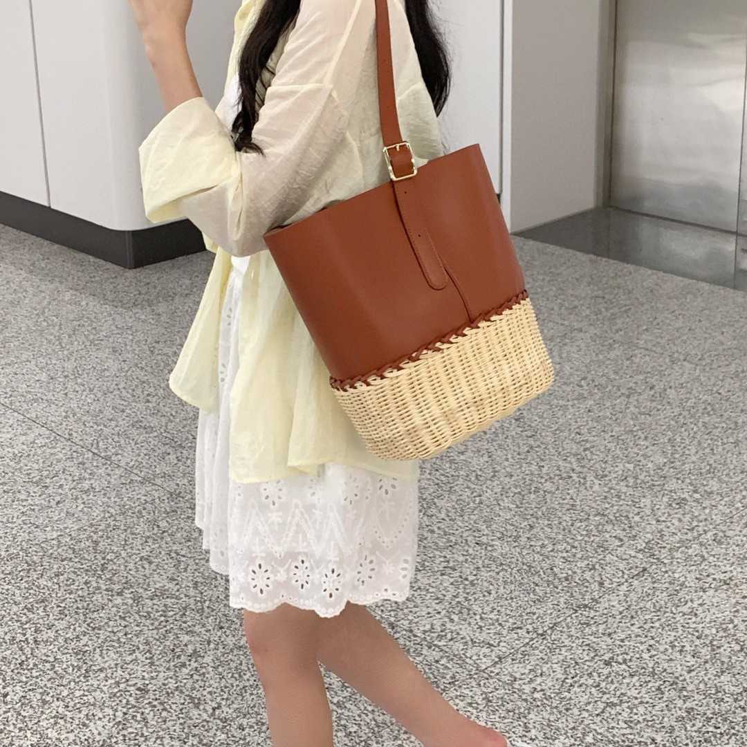 Summer New Beach Vacation Style Patchwork Handwoven Wicker Versatile Large Capacity Bucket Bag 250615