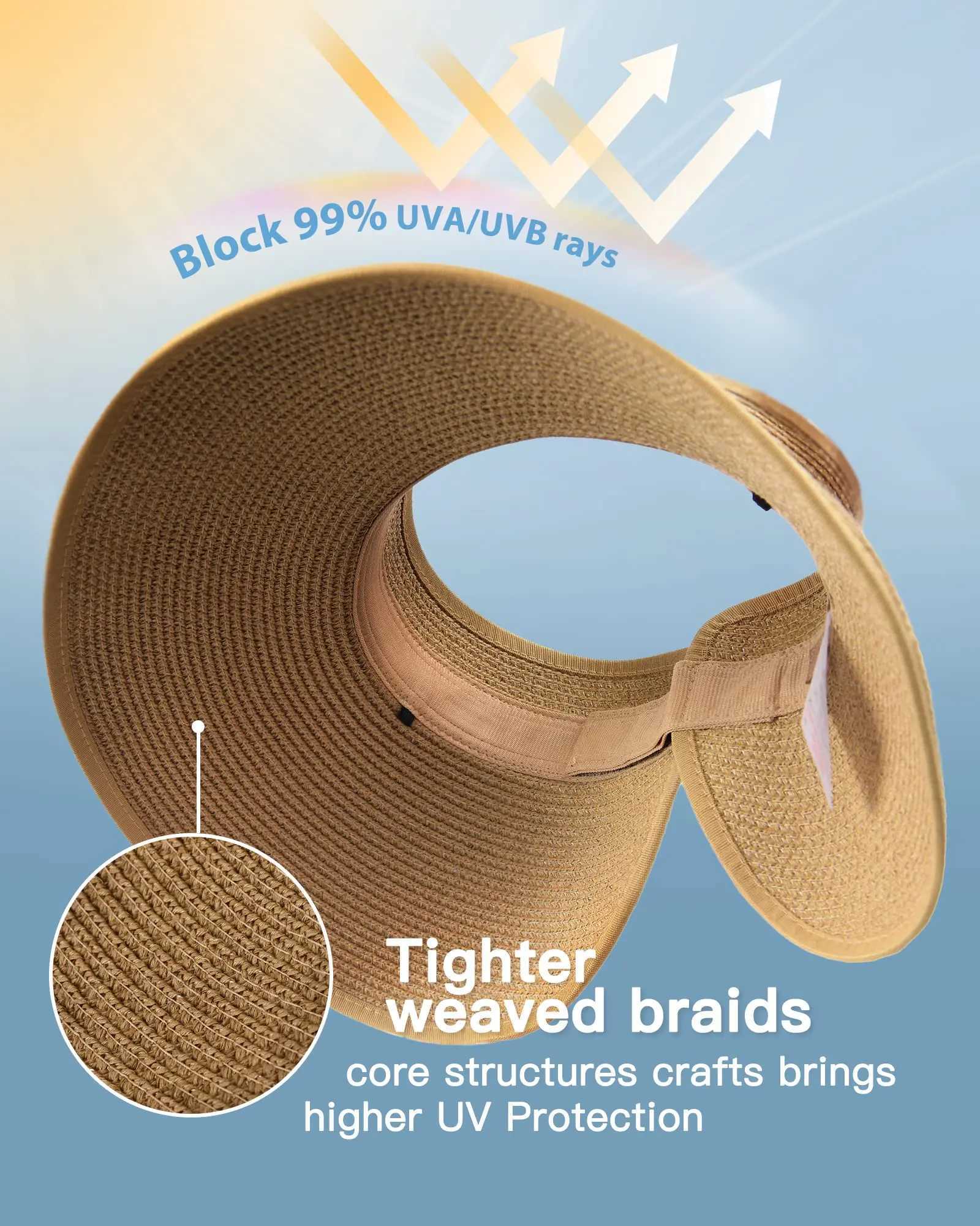 Womens Wide Brim Straw Sun Visor Hat with Ponytail Hole - High UV UPF Protection Packable Foldable - Ideal for Summer Beach U250613