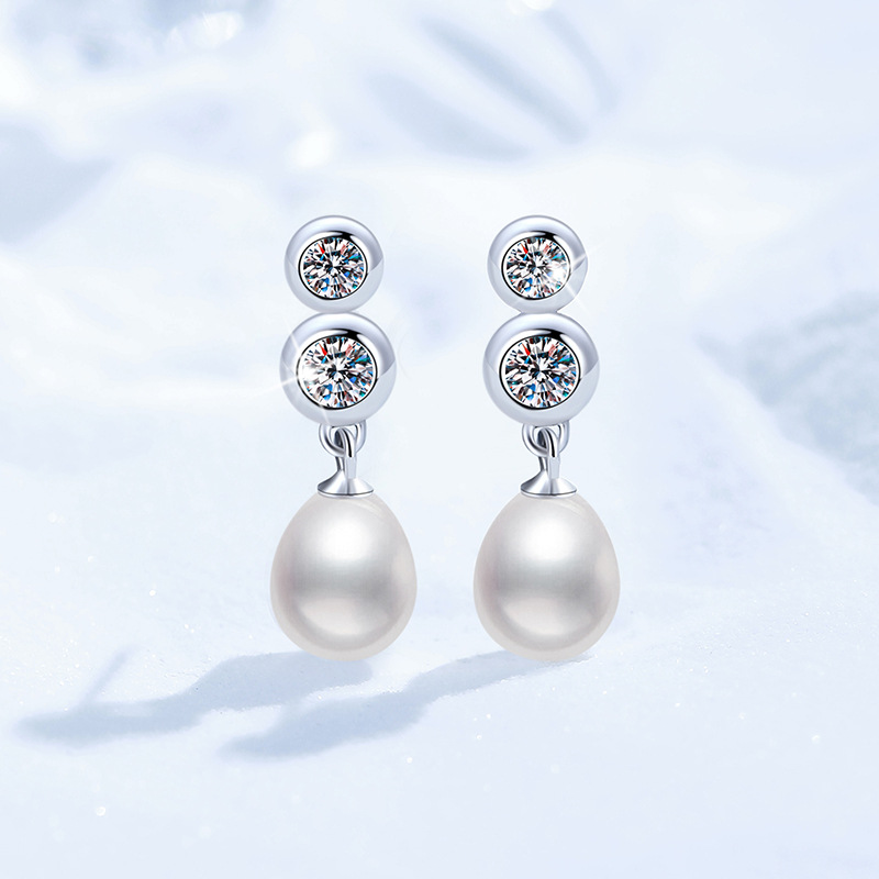 Cross-Border Moissanite Stud Earrings, S925 Sterling Silver Earrings, Women's Freshwater Pearl Studs, French Style Versatile Fashion Earrings