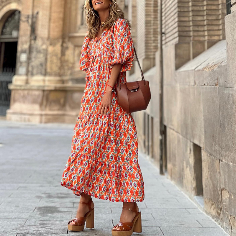 Women's Plus Size Long Bohemian Maxi Dress - Cotton V-Neck Loose Beach Dress, Casual Elegant Vestidos, Summer Flowy Robe