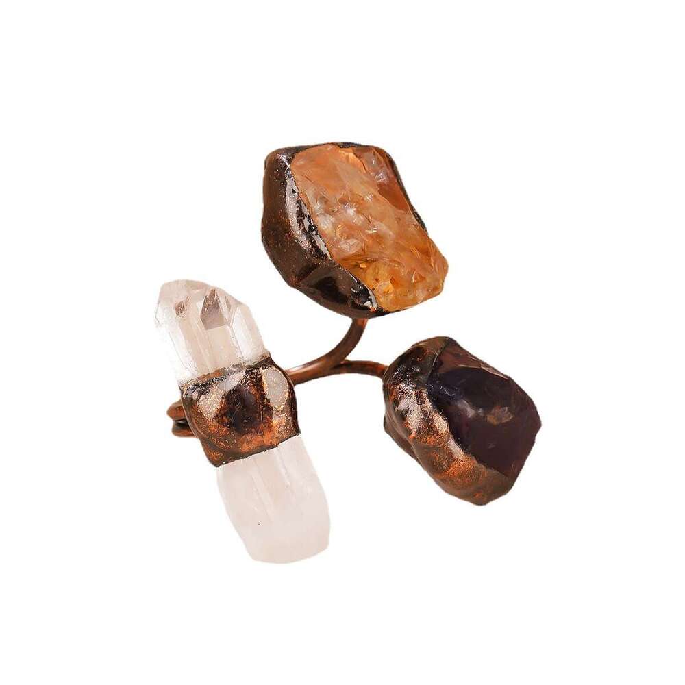 Dark Niche Crystal Raw Stone Handmade Welded Antique Bronze Plated Women's Party Gift Punk Rock Ring