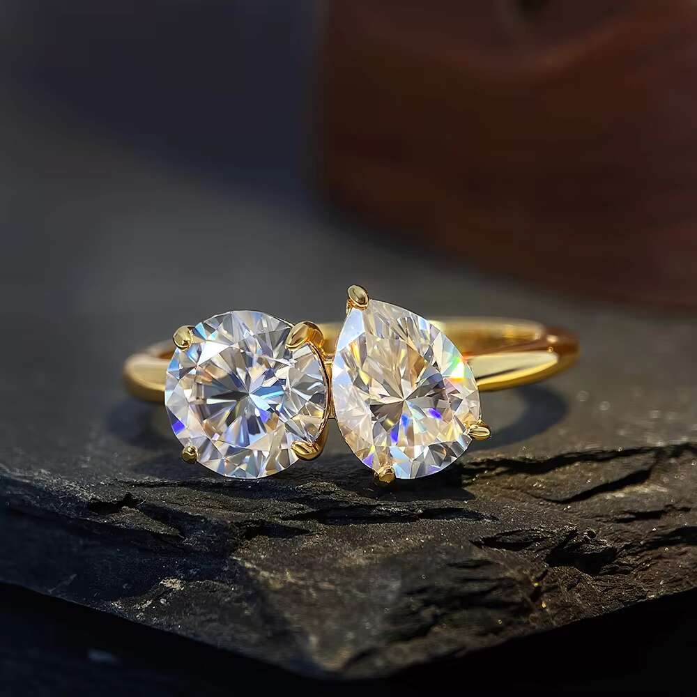 2025 New Arrival VVS Moissanite Engagement Ring Two Stone Round Pear Shaped D Color Pear Cut Fine Womens Rings