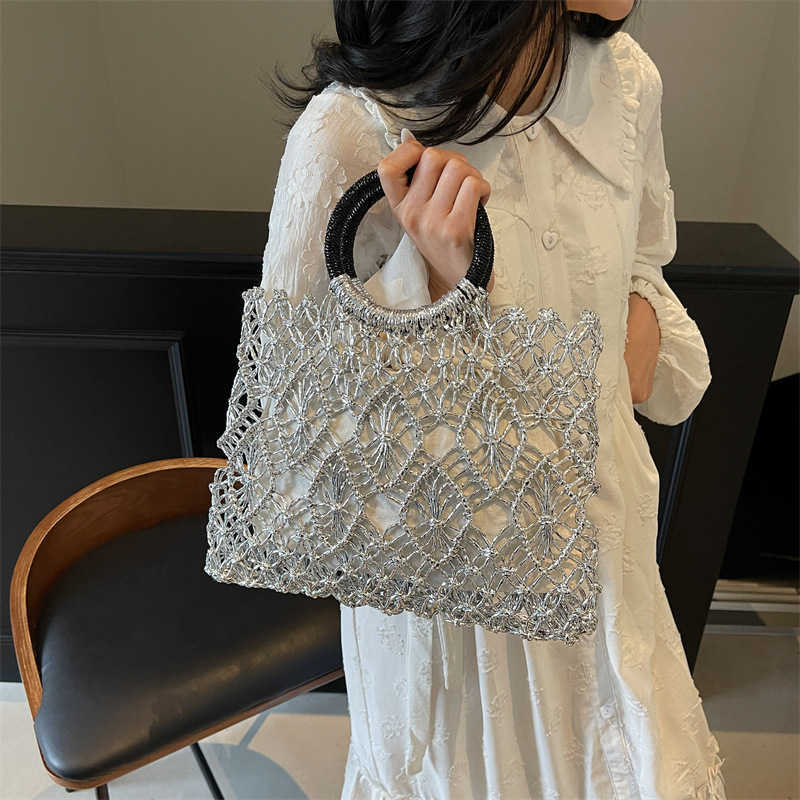 Gold and Silver Thread Shiny Rope Mesh Hollow Woven Bag Mori Style Large Capacity Handbag Tote Summer Beach Women's Bag 250615