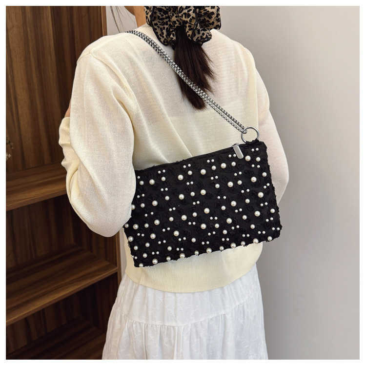 Exquisite Mesh 3d Flower White Pearl Decorated Shoulder Bag Trendy Fashion Metal Chain Square Bag 250615