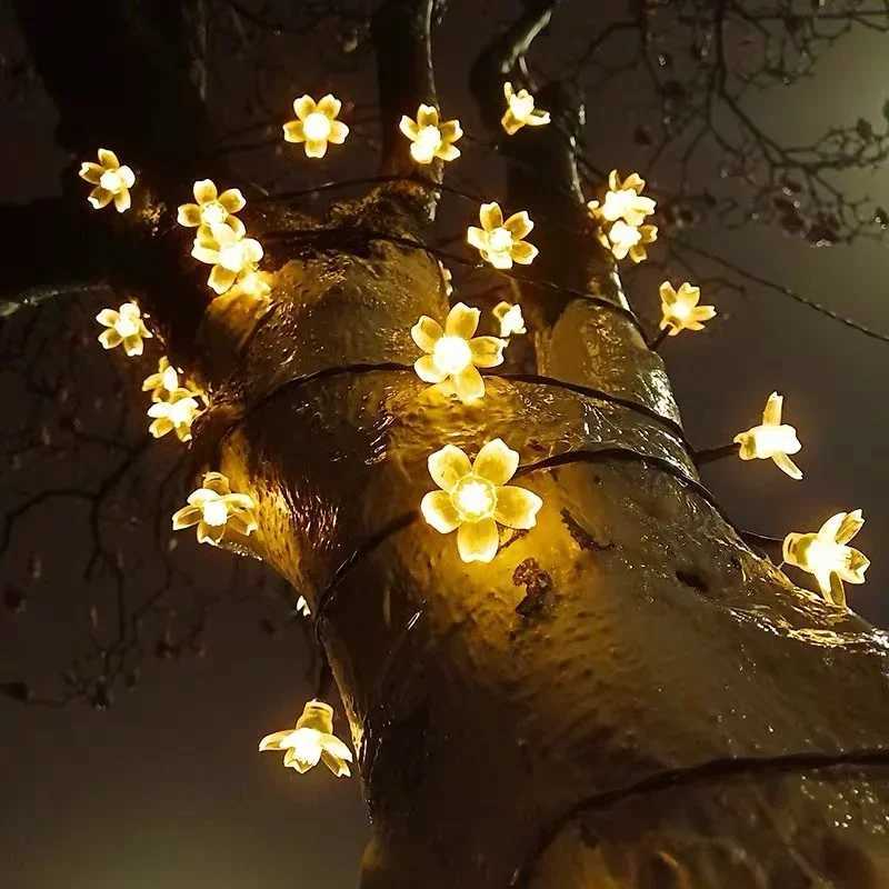 5M/7M/12M Solar Cherry Flower String Lights Outdoor Waterproof 8 Mode Fairy Light Christmas Garden Party Decoration Wedding Lamp XJ250612