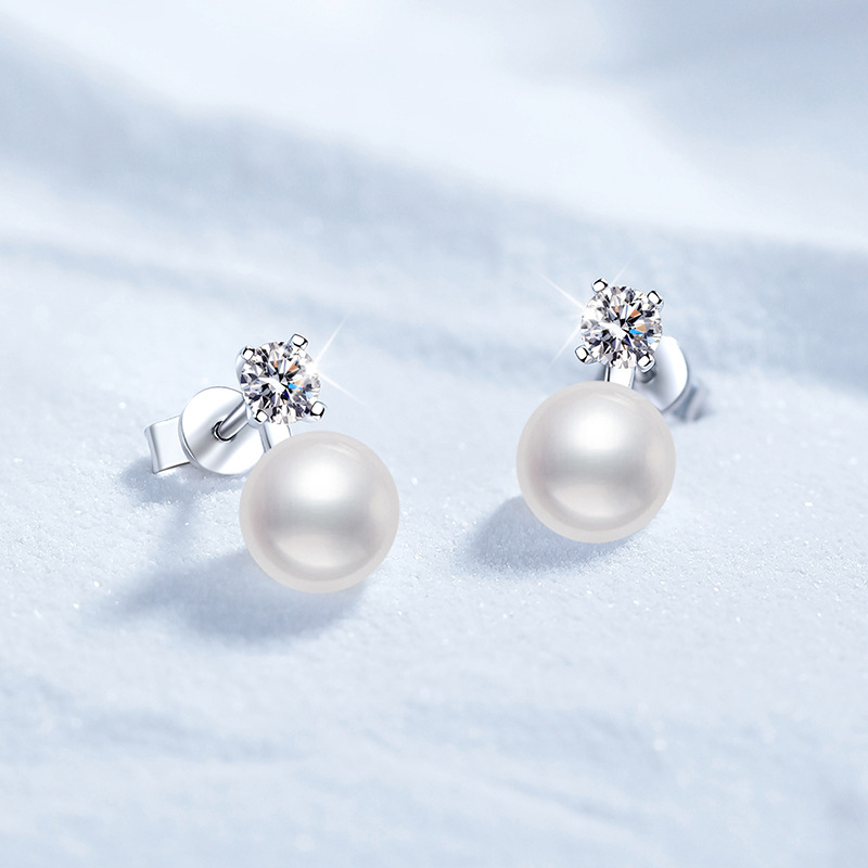 S925 Sterling Silver Stud Earrings, Korean Style Princess Design with Moissanite and Natural Pearl Drop Earrings, Women's Fashion Jewelry