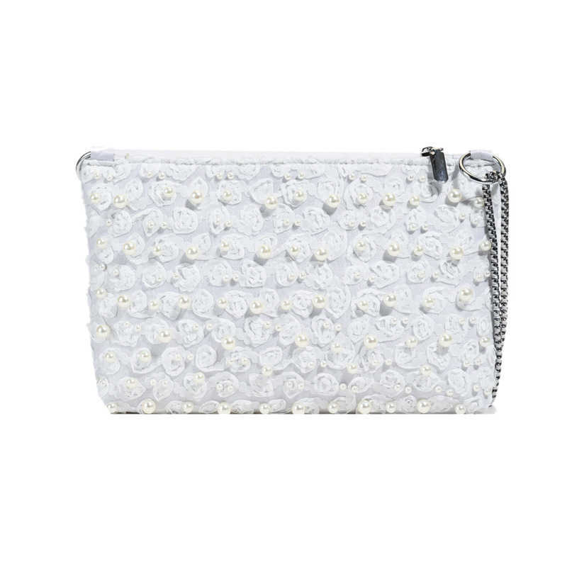 Exquisite Mesh 3d Flower White Pearl Decorated Shoulder Bag Trendy Fashion Metal Chain Square Bag 250615