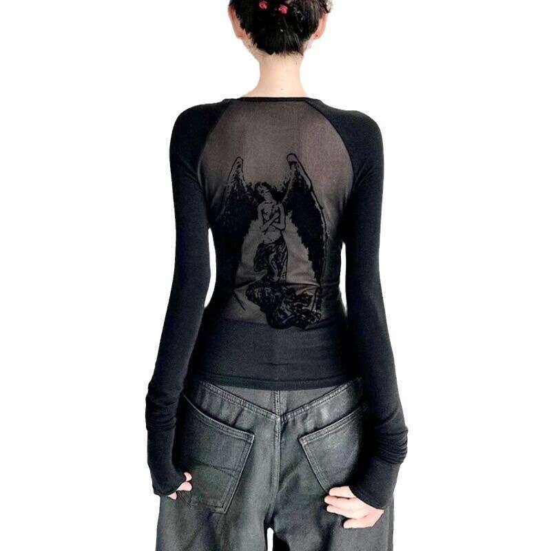 hoodie Women's Wear Y2k American Style Pure Desire Sexy Hot Girl Top Angel Print Mesh Long Sleeve Slim Fit Short T-Shirt jacket