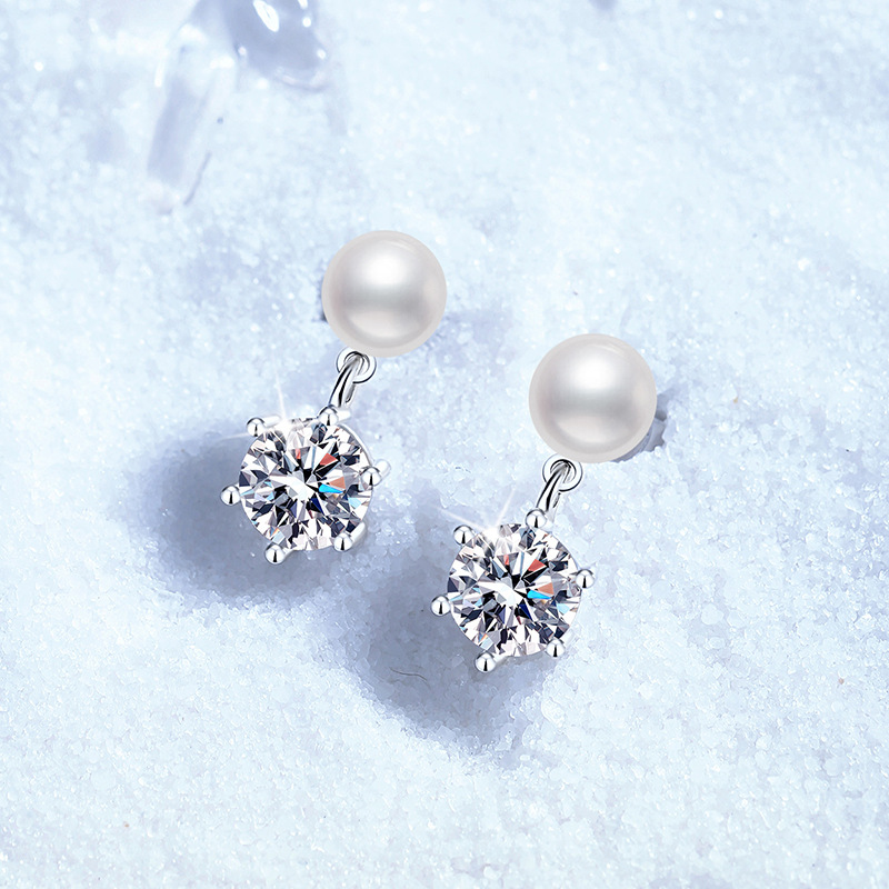 S925 Sterling Silver Stud Earrings with Natural Freshwater Pearls and 1-Carat Moissanite, Classic Six-Claw Design, High-End Women's Earrings, Who