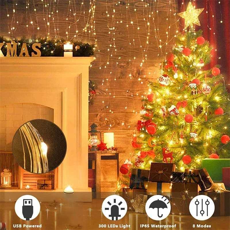 3M LED Curtain String Lights Fairy Decoration USB Holiday Garland Lamp 8 Modes For Home Garden Christmas Party New Year Wedding XJ250612