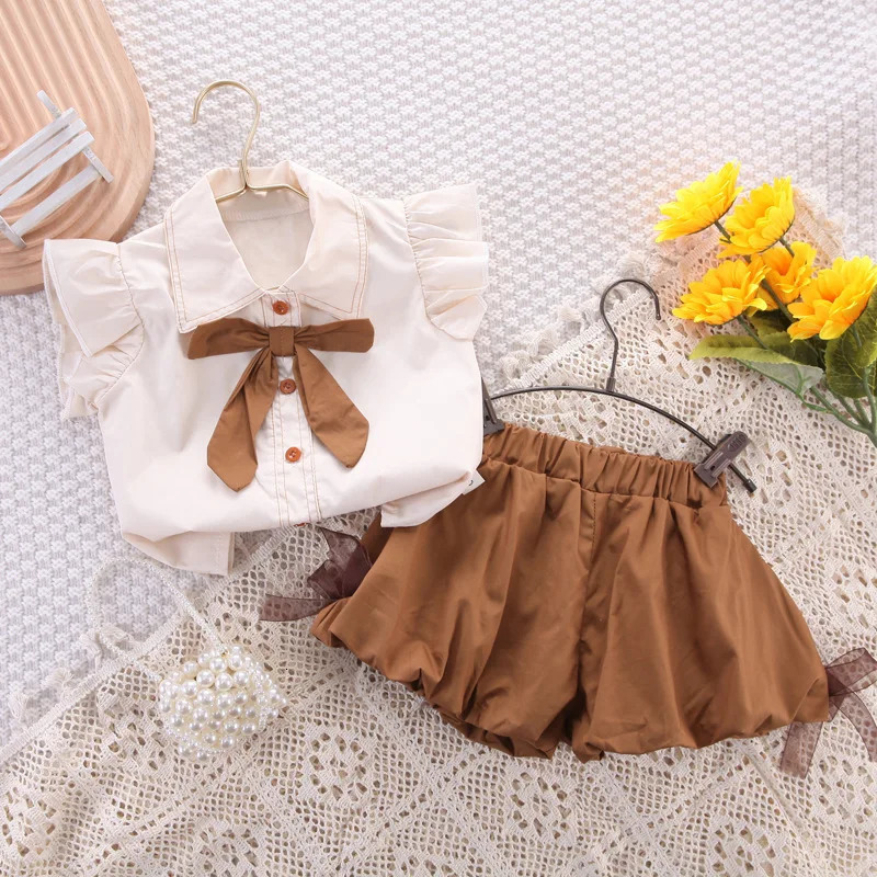 1Set Summer Childrens Suit Girls Cute Short Sleeve Bow Shirt Shorts Sets Kids Casual Outfit Baby Princess Fashion Clothing 250613
