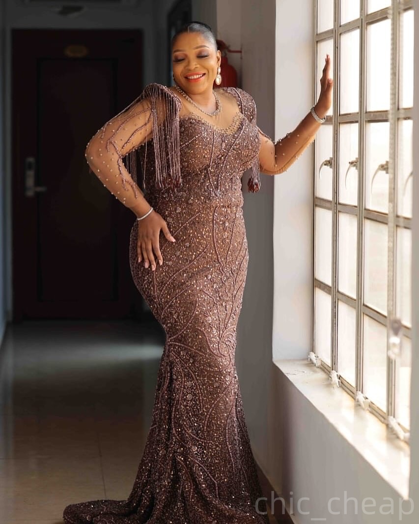 Chocolate Mermaid Prom Dresses 2025 Beaded Tassels Sequined Evening Formal Party Second Birthday Engagement Gowns Plus Size Dress For Special Occasion