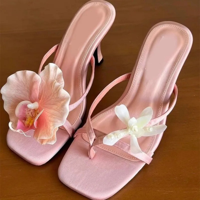 Moth Orchid Flip Flops Slippers Satin Asymmetric Square Toe Slip On Thin Heels Sandals Womens Elegant Outdoor Dress Shoes 250612