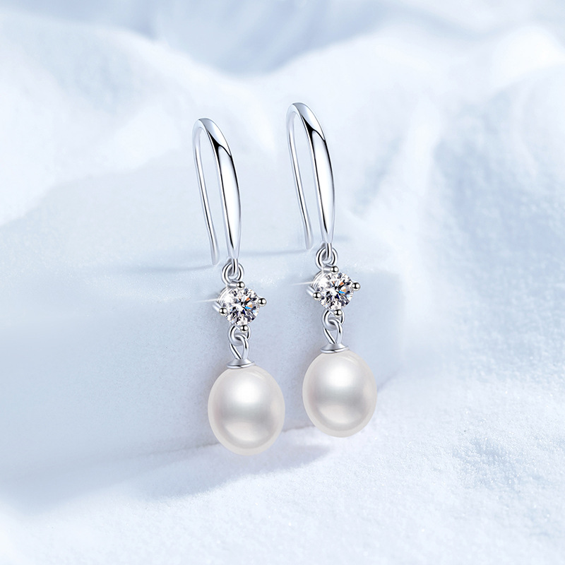 S925 Sterling Silver Stud Earrings with Moissanite and Natural Freshwater Pearls, Women's Versatile Elegant Earrings, Cross-Border Jewelry Wholes