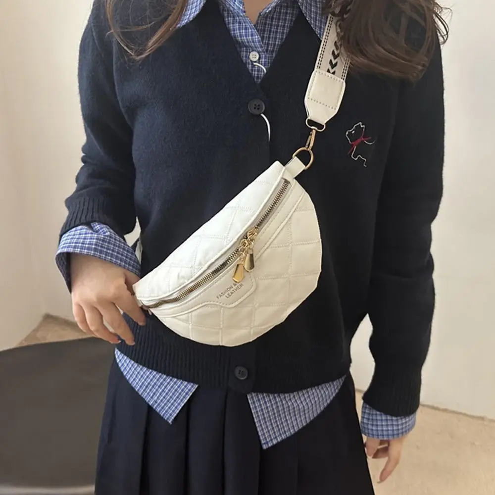 PU Leather Crossbody Chest Bag Stylish Chain Zipper Wide Strap Shoulder Bag Woven Lattice Pattern Waist Belt Bags For Women 250612