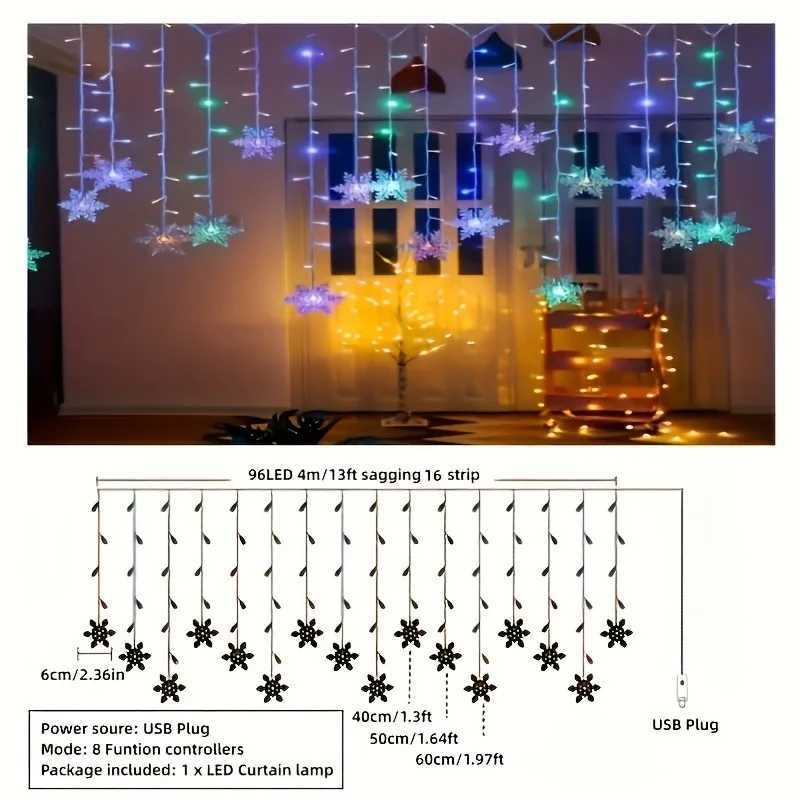 1pc 13.1ft USB-Powered LED Snowflake Curtain Lamp 8 Modes Fairy Light Party Decoration Holiday Wedding Christmas Strip Light XJ250612