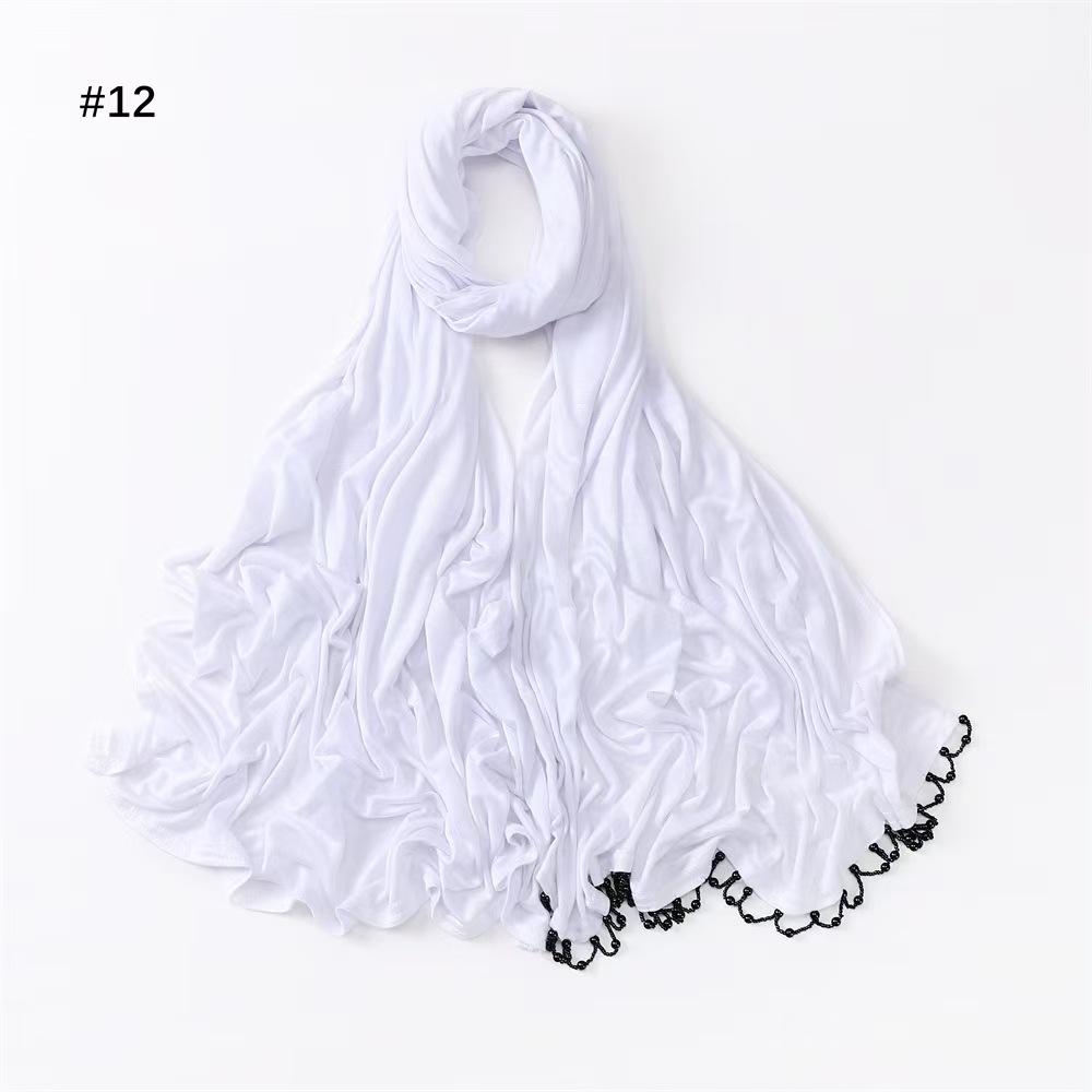 T954 new pure color skin-friendly elastic handmade hanging beads ladies headscarf monochrome mercerized cotton versatile scarf