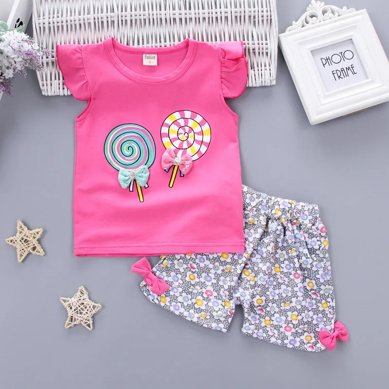 1Set Summer Baby Girls Clothes Sets for Kid T-shirt TopShort Pant Clothes Set Toddler Girl Lollipop Printed Infant Clothing Set 250613