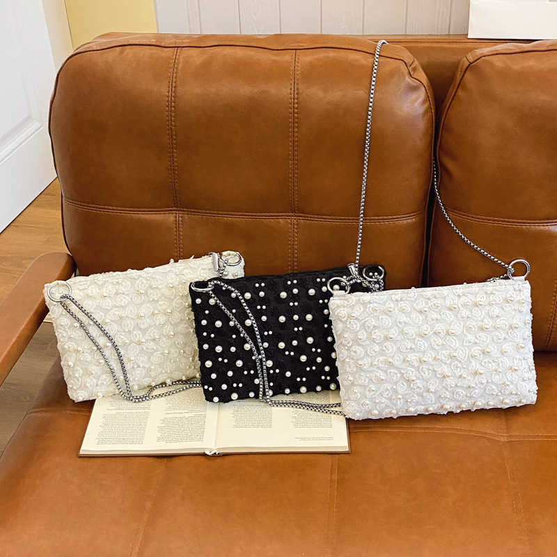 Exquisite Mesh 3d Flower White Pearl Decorated Shoulder Bag Trendy Fashion Metal Chain Square Bag 250615