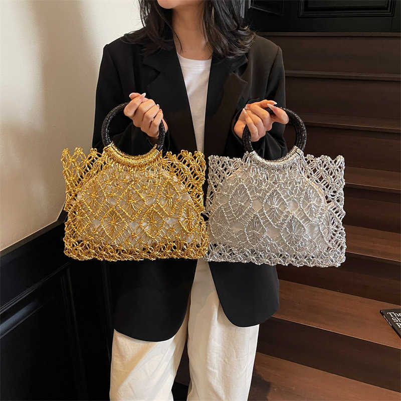 Gold and Silver Thread Shiny Rope Mesh Hollow Woven Bag Mori Style Large Capacity Handbag Tote Summer Beach Women's Bag 250615