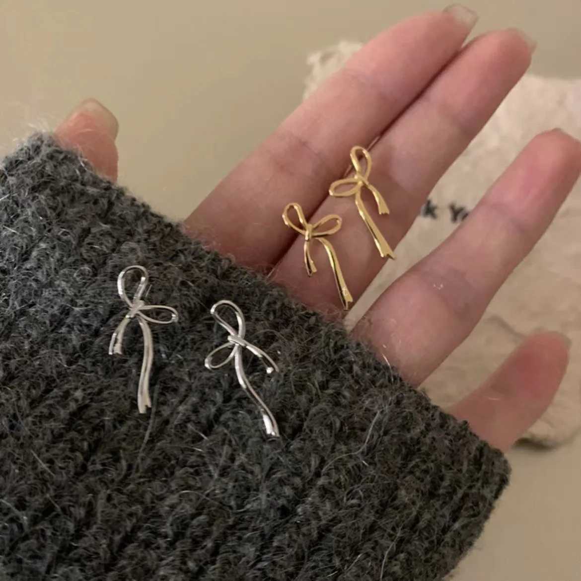 18K Gold Plated Y2K Bow Earrings For Women Stud Nail Fashion Cute Jewelry Piercing Ear Accessories Christmas Gift Aretes M250613
