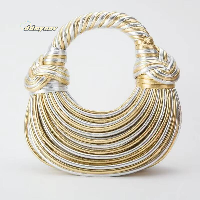 Handbags for Women 2024 New Gold Luxury Designer Brand Handwoven Noodle Bags Rope Knotted Pulled Hobo Silver Evening Clutch Chic ddmynov