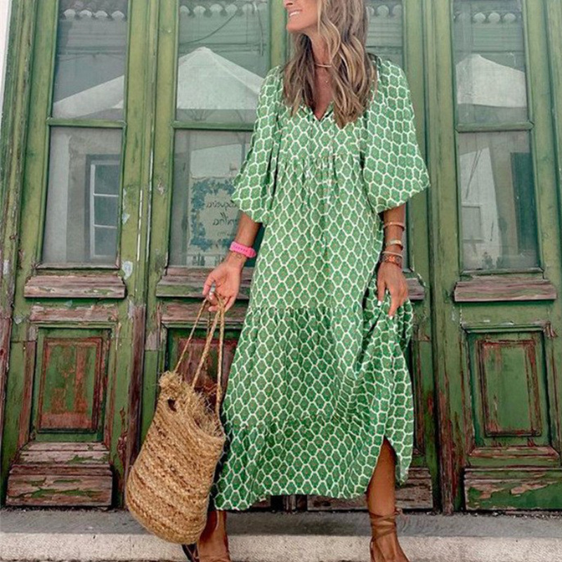 Women's Plus Size Long Bohemian Maxi Dress - Cotton V-Neck Loose Beach Dress, Casual Elegant Vestidos, Summer Flowy Robe