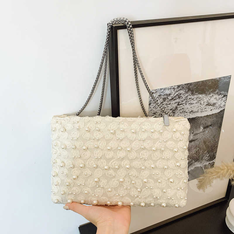 Exquisite Mesh 3d Flower White Pearl Decorated Shoulder Bag Trendy Fashion Metal Chain Square Bag 250615