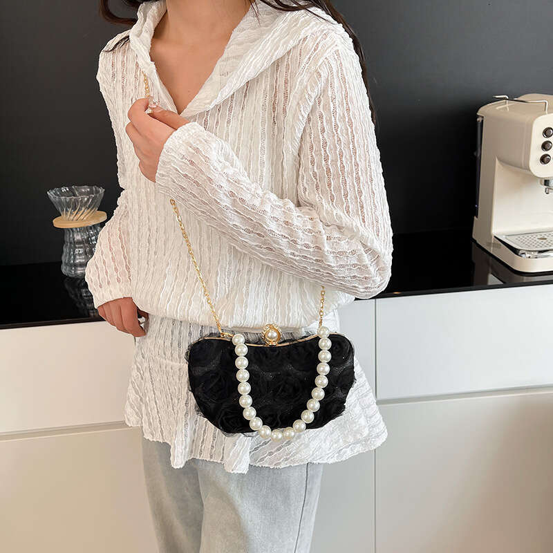 Sweet Chiffon Floral Evening Handbag Box for Women 2025 New Pearl New Chain Lock Single Shoulder Crossbody Bag