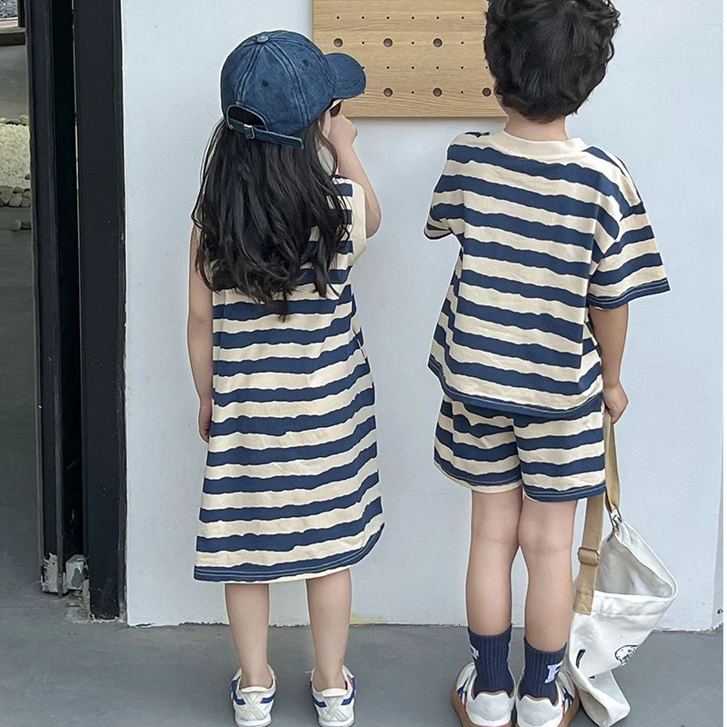 1pcs Summer Chldren Boy Stripe Short Sleeve TopsShorts Set Girl Sleeveless Vest Skirt Kids Toddler Fashion Leisure Clothes Set 250613