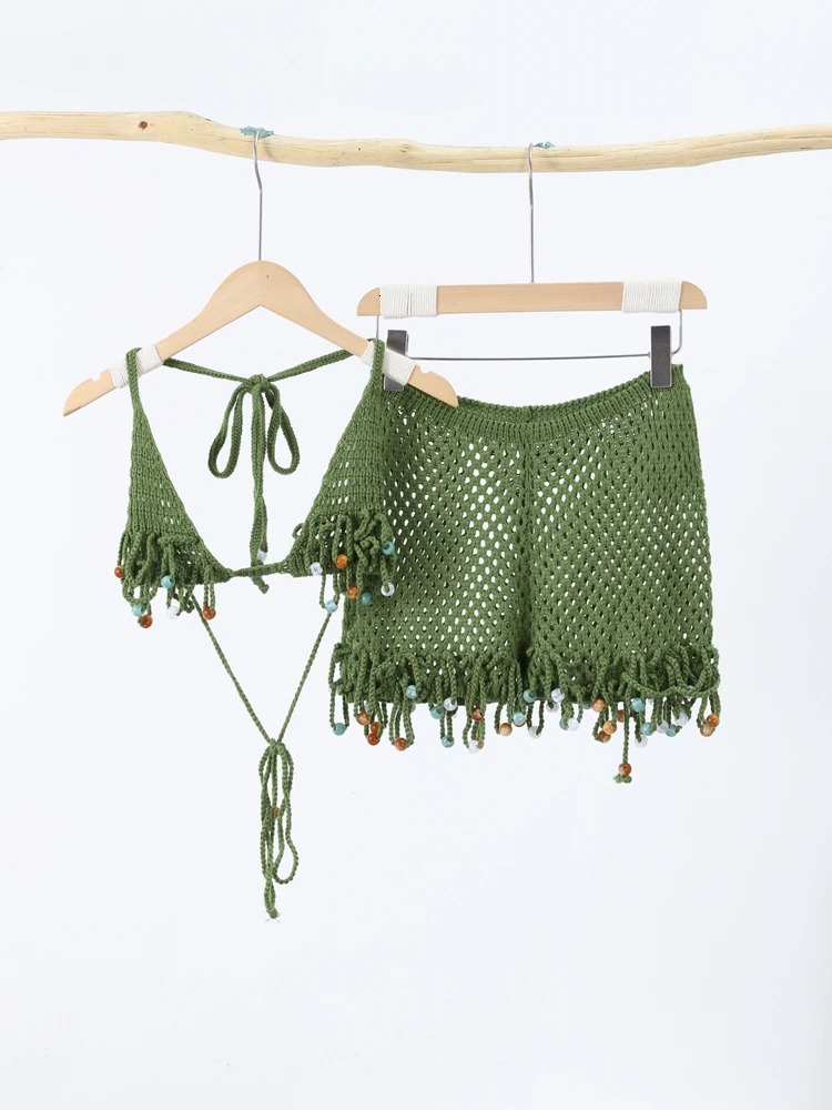 Sexy Beach Knit Womens Sets Crochet Flower Bikini Mini Skirt Female Suits Summer Halter Sleeveless Backless Top Skirts Set 250610
