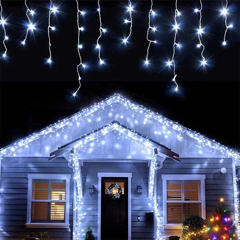 Christmas Lights Waterfall Outdoor Decoration 5M Droop 0.4-0.6m LED Lights Curtain String Lights Party Garden Eaves Decoration XJ250612