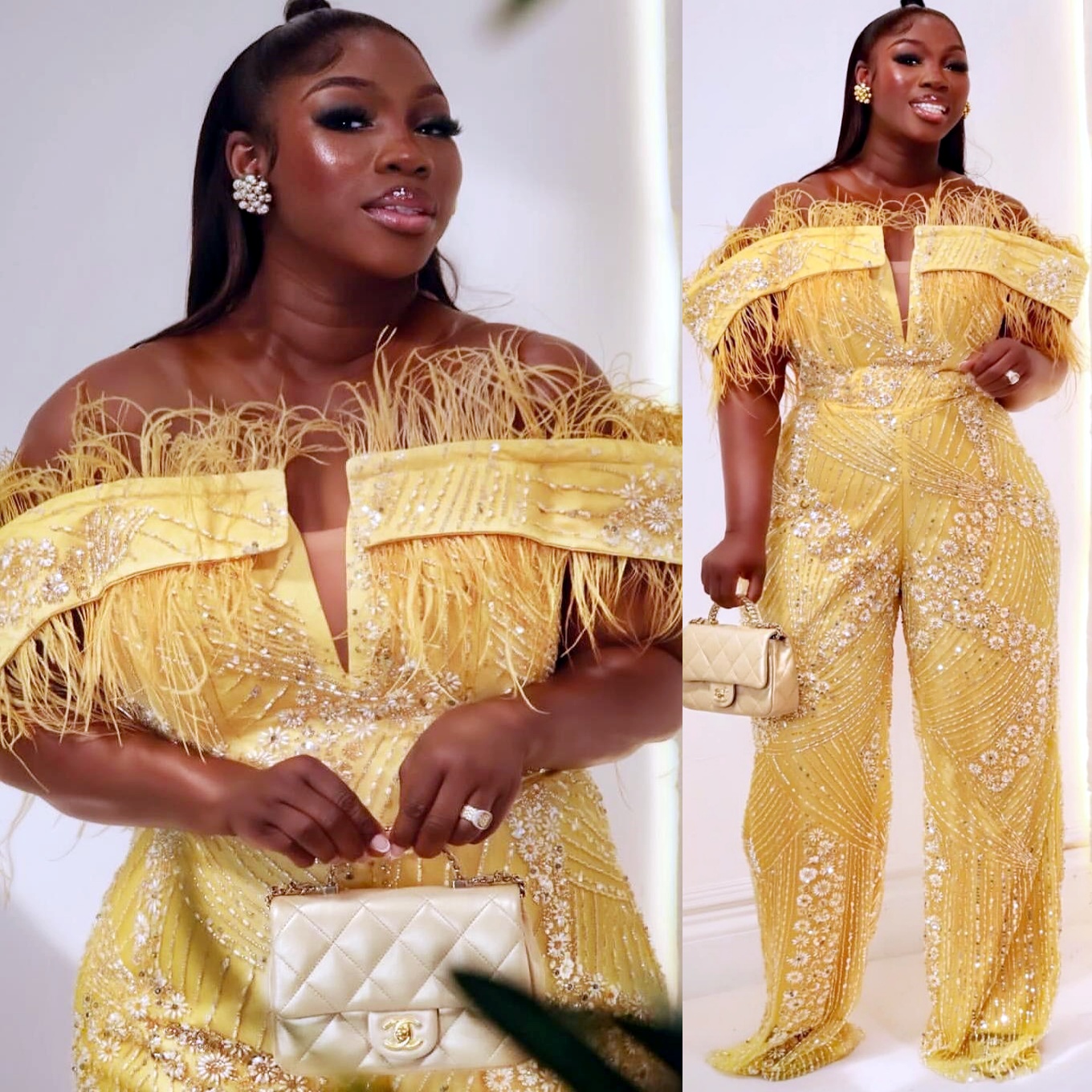 Yellow Sheath Prom Jumpsuits Dresses 2025 Sequined Feather Evening Formal Party Second Birthday Engagement Gowns Plus Size Dress For Special Occasions