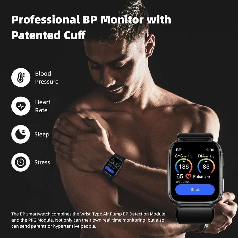 Smart Monitor with Air Pump Cuff Blood Pressure Watch Sleep and Sports Tracking for Android iOS Supports Reminder Monitoring Data Sharing etc